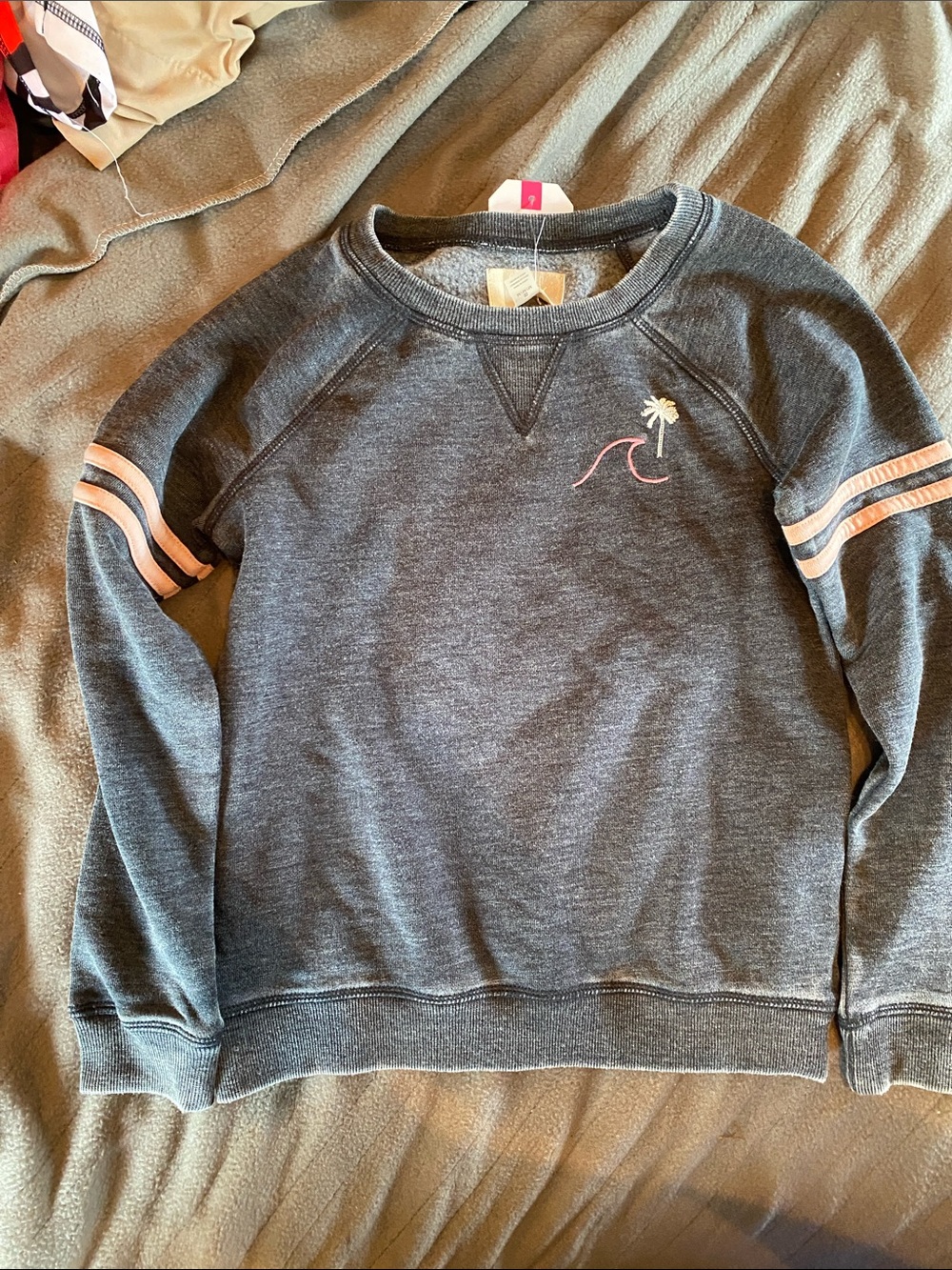Roxy Charcoal Crewneck Sweatshirt with Pink Stripe Accents